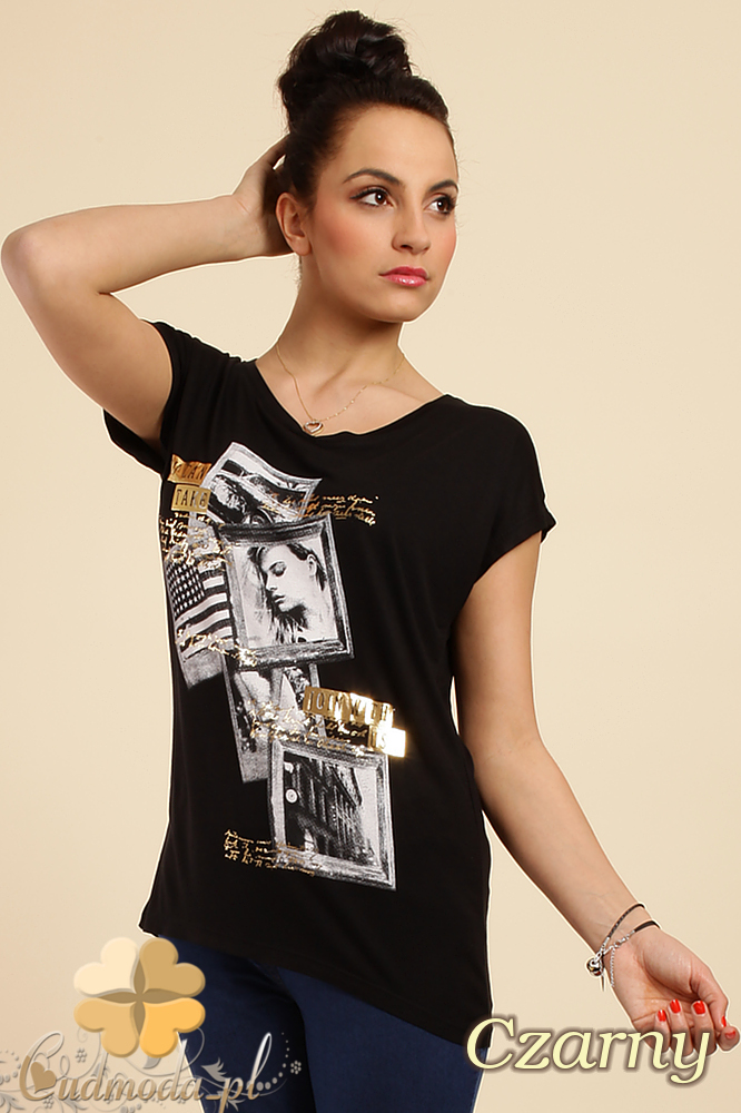 CM0229 Bluzka tunika t-shirt kimono nadruk - czarna