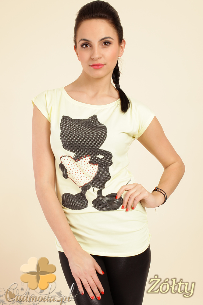 CM0243 Bluzka t-shirt ozdobne kamienie cyrkonie - żółta