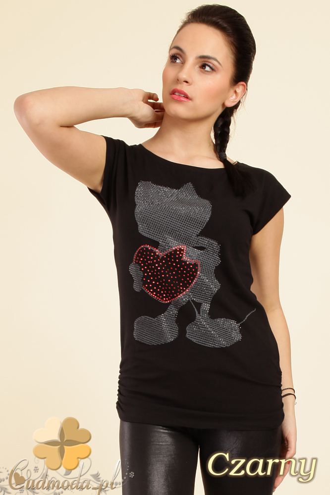 CM0243 Bluzka t-shirt ozdobne kamienie cyrkonie - czarna