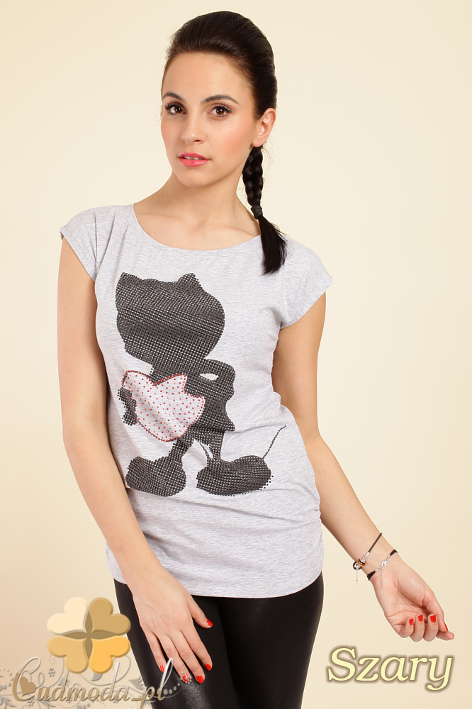 CM0243 Bluzka t-shirt ozdobne kamienie cyrkonie - szara
