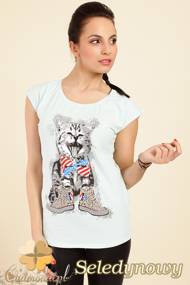 CM0244 Modny t-shirt bluzka z kolorowym nadrukiem - seledynowy