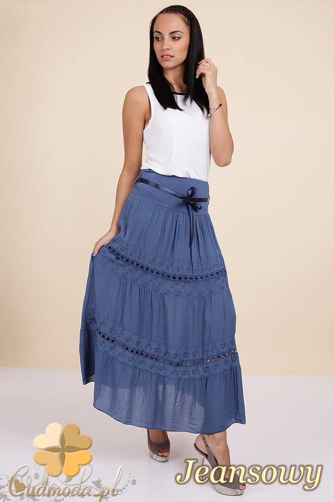 CM0295 Zwiewna długa spódnica maxi koronka - jeansowa